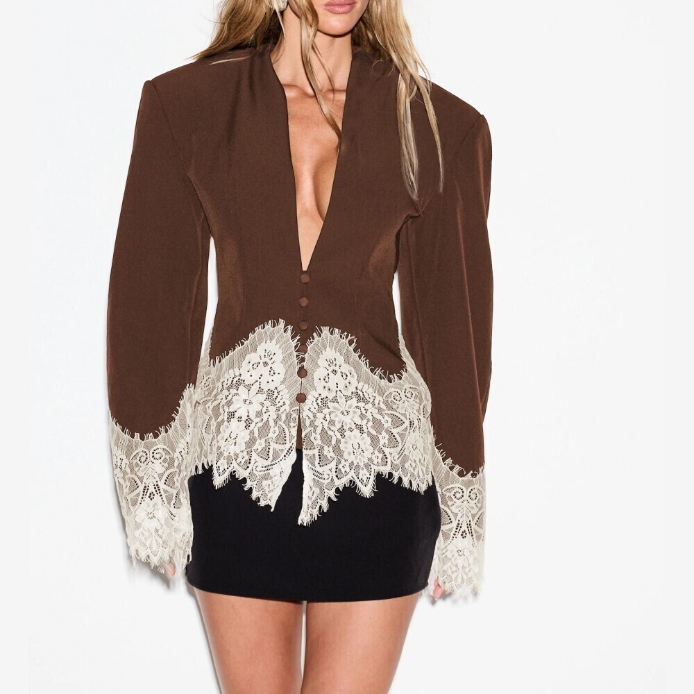 Brown Deep V Neck Lace Trim Button Front Long Sleeve Blazer